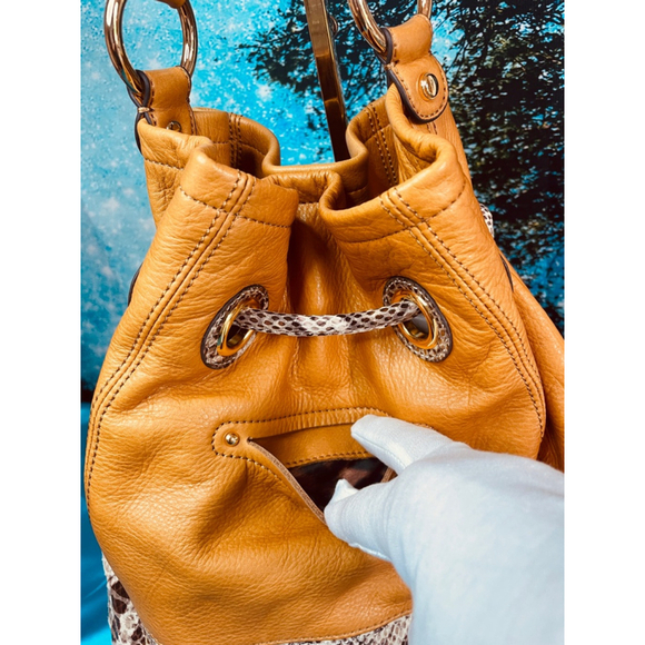 B Makowsky Tan Leather Bucket Bag Alligator Trim & Leopard Lining Ex Condition - Picture 5 of 16